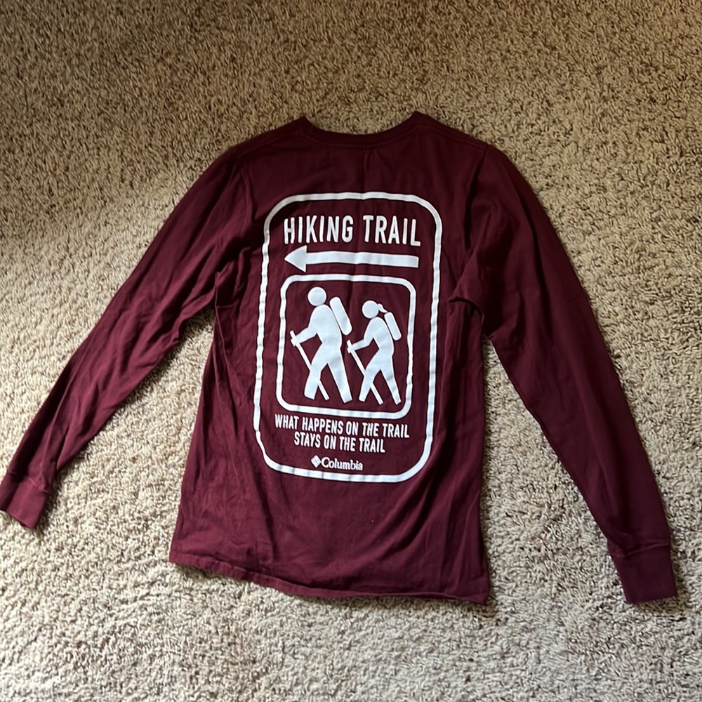 Barely worn Columbia maroon long-sleeved funny hiking graphic tee, men’s size S